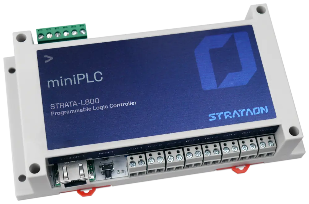 Controlador miniPLC Strataon, modelo STRATA-L800, com bornes de entrada e saída à mostra